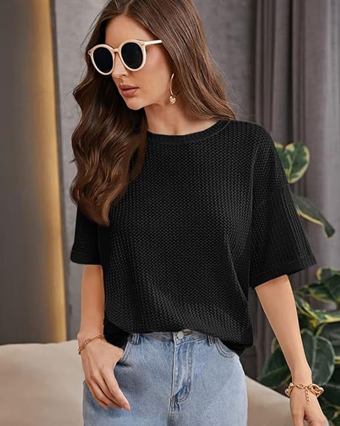 Women Self Design Round Neck Polyester Black T-Shirt
