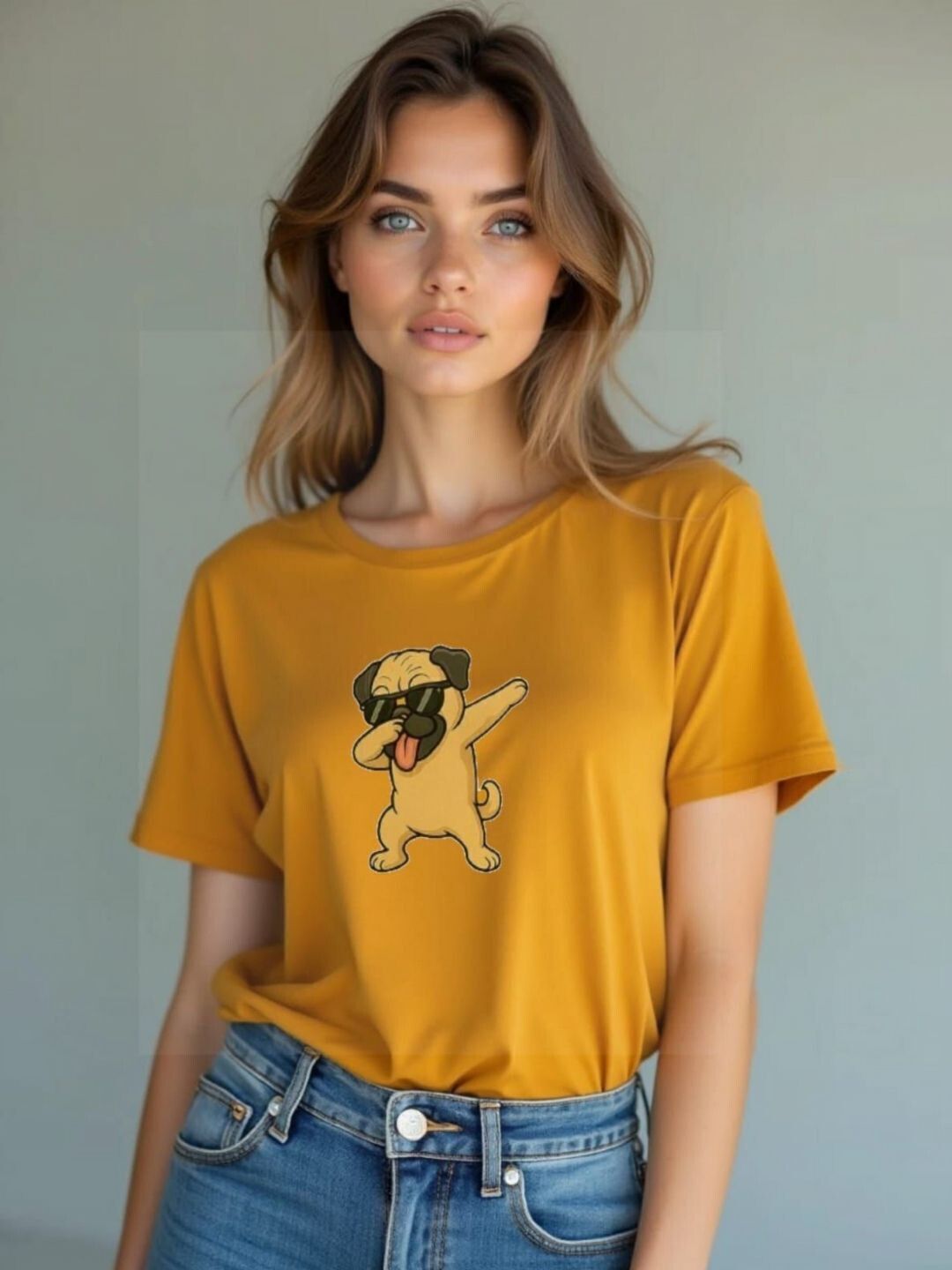 Women Printed Round Neck Polyester Yellow T-Shirt-image-7