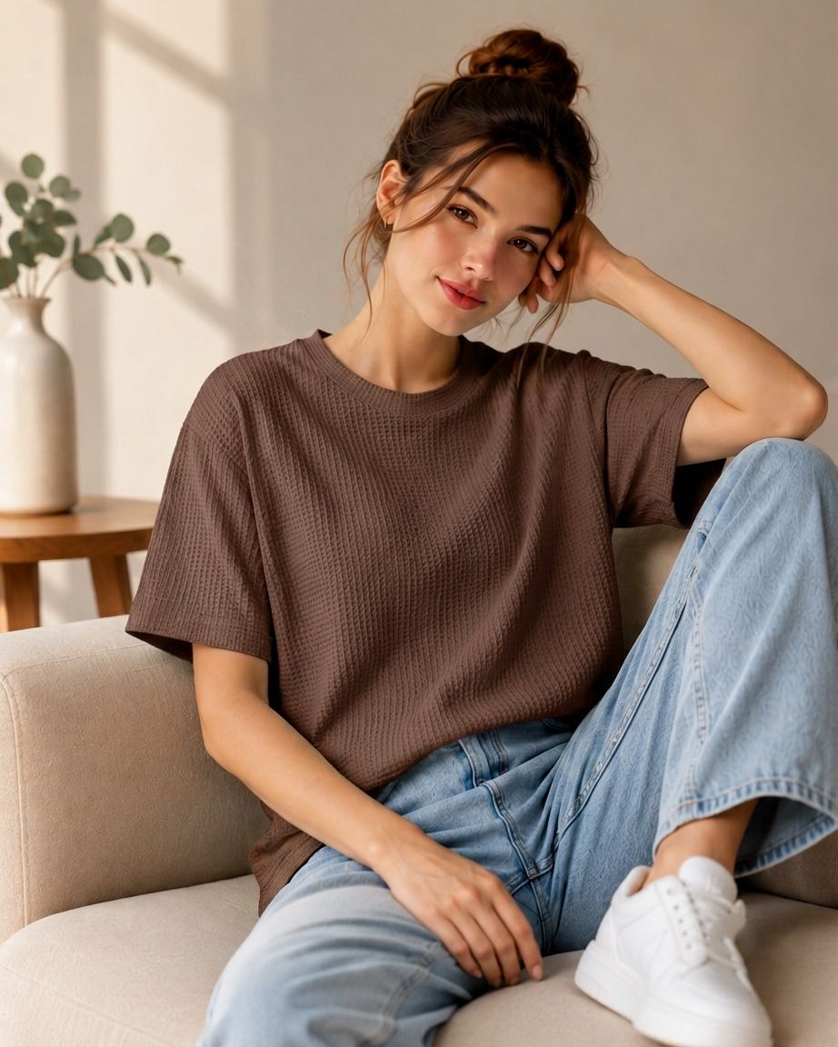 dagcros Women Self Design Round Neck Polyester Brown T-Shirt-picture-38