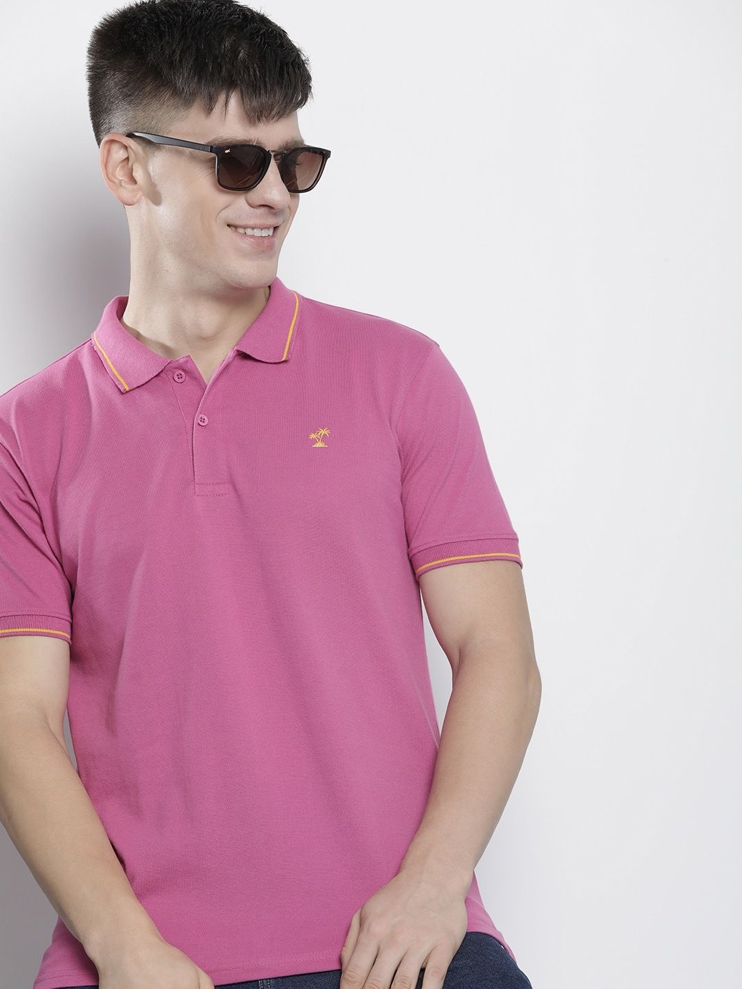 Men Solid Polo Neck Cotton Blend Pink T-Shirt