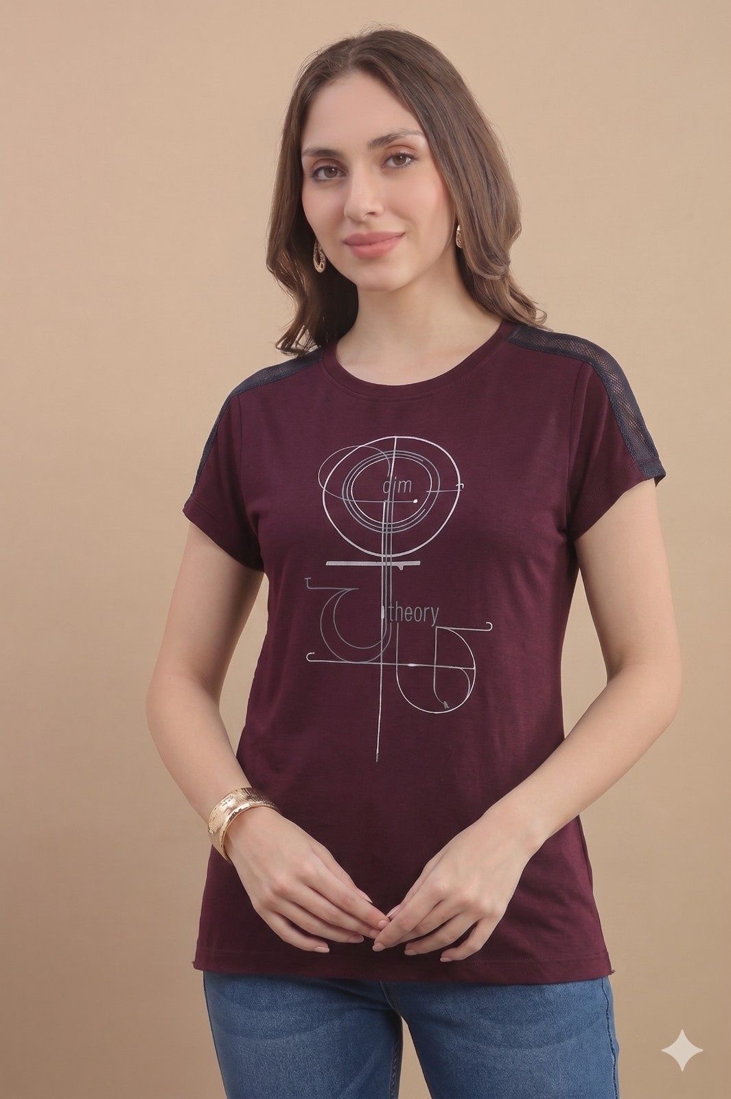 Women Graphic Print Round Neck Polyester Maroon T-Shirt-image-4