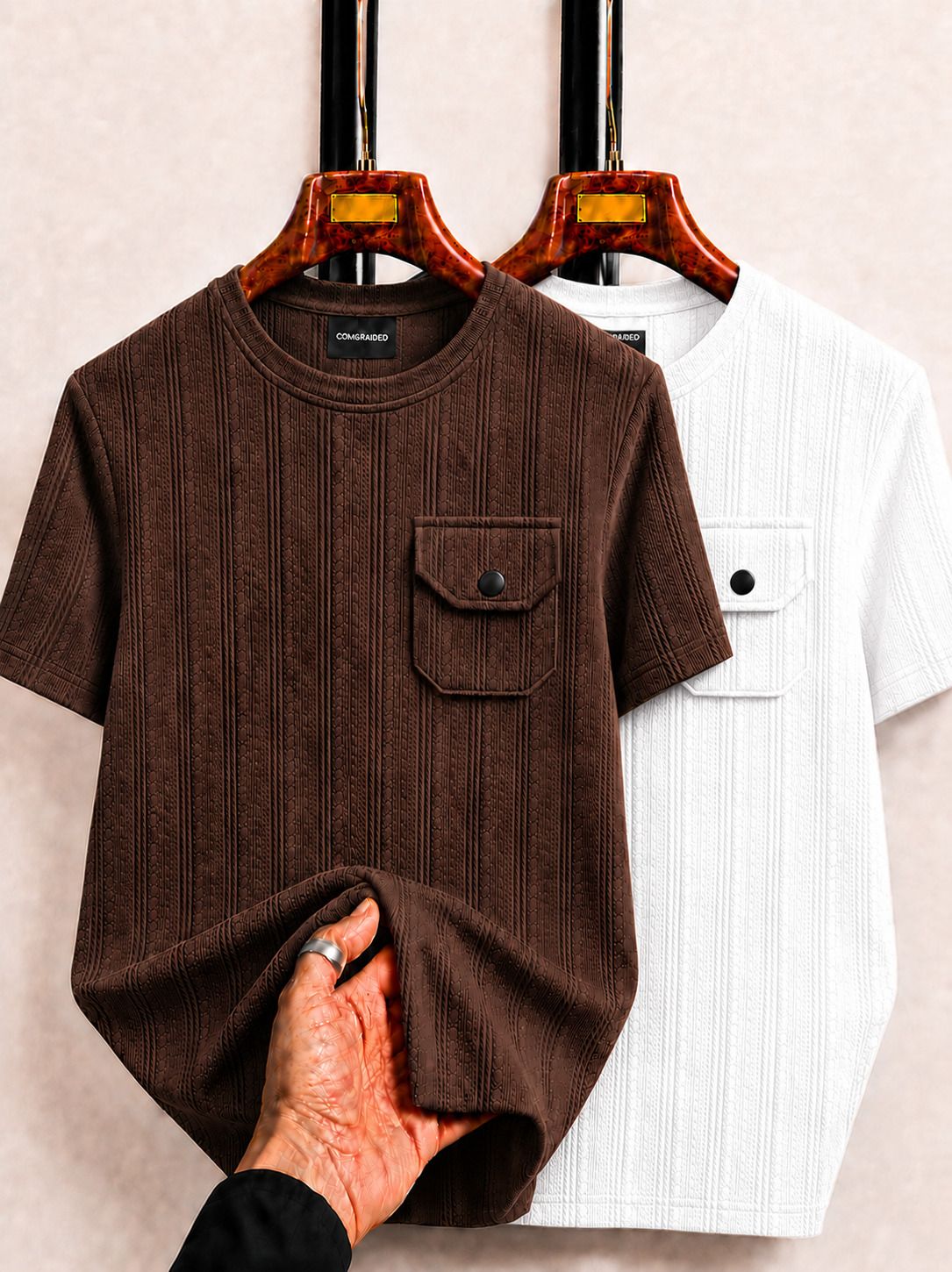 combraided Pack of 2 Men Self Design Round Neck Polycotton White, Brown T-Shirt-picture-20