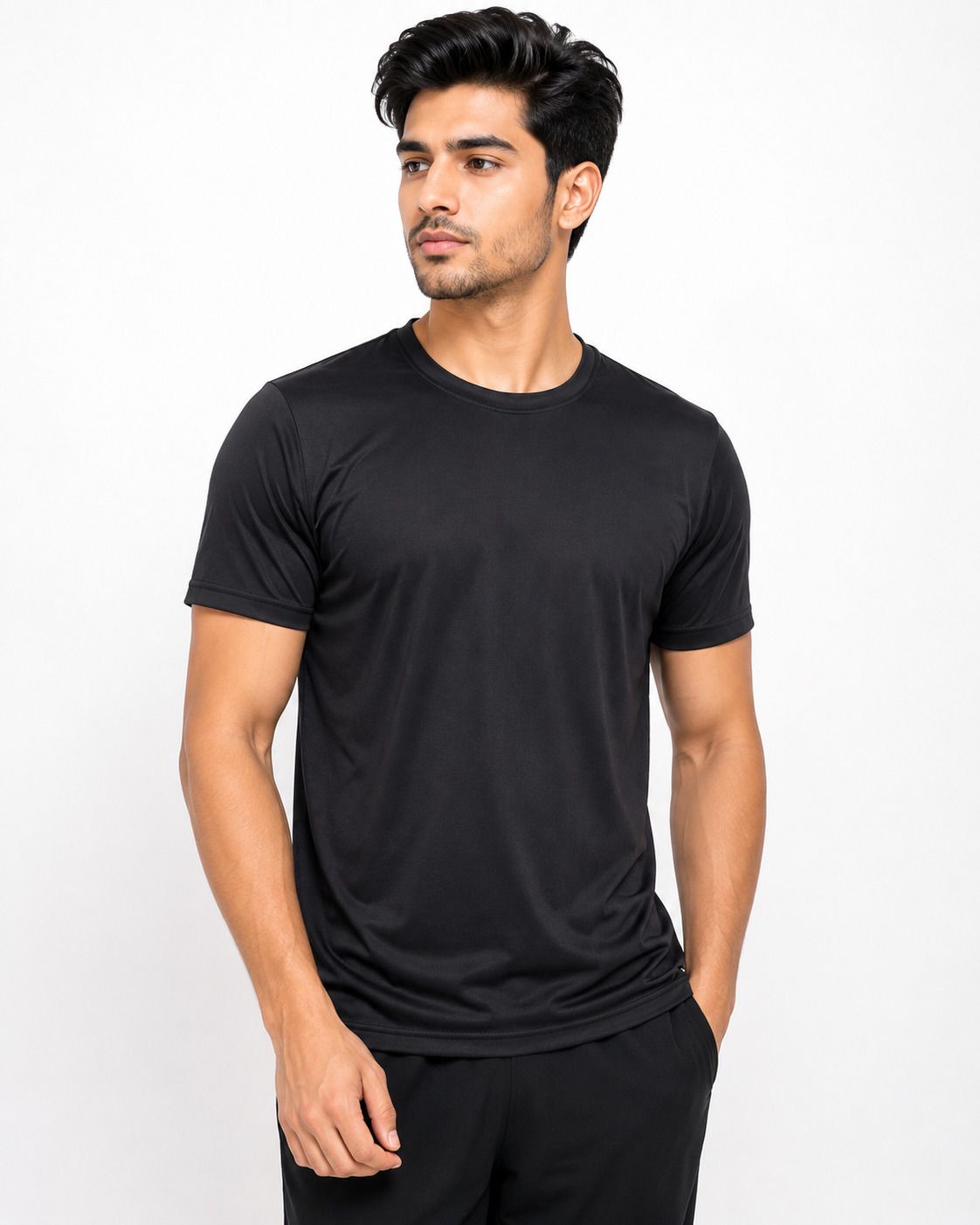 rzlecort Men Solid Round Neck Cotton Blend Black T-Shirt-picture-1