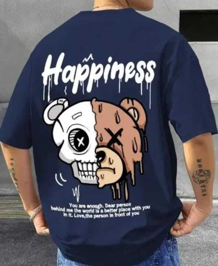 Men Graphic Print Round Neck Cotton Blend Navy Blue T-Shirt