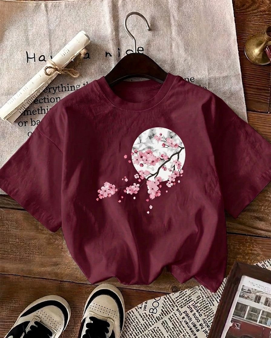 Women Printed, Floral Print Round Neck Pure Cotton Maroon T-Shirt-image-38