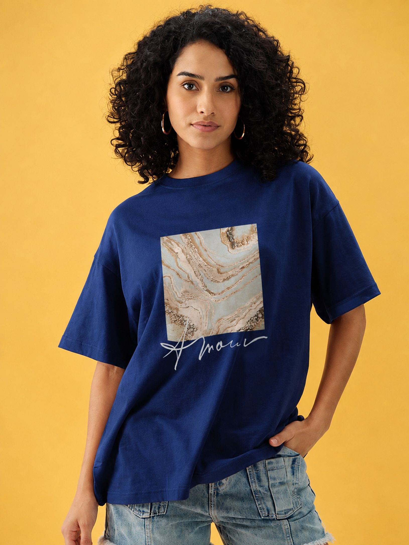 Women Self Design Round Neck Polycotton Navy Blue T-Shirt-image-15