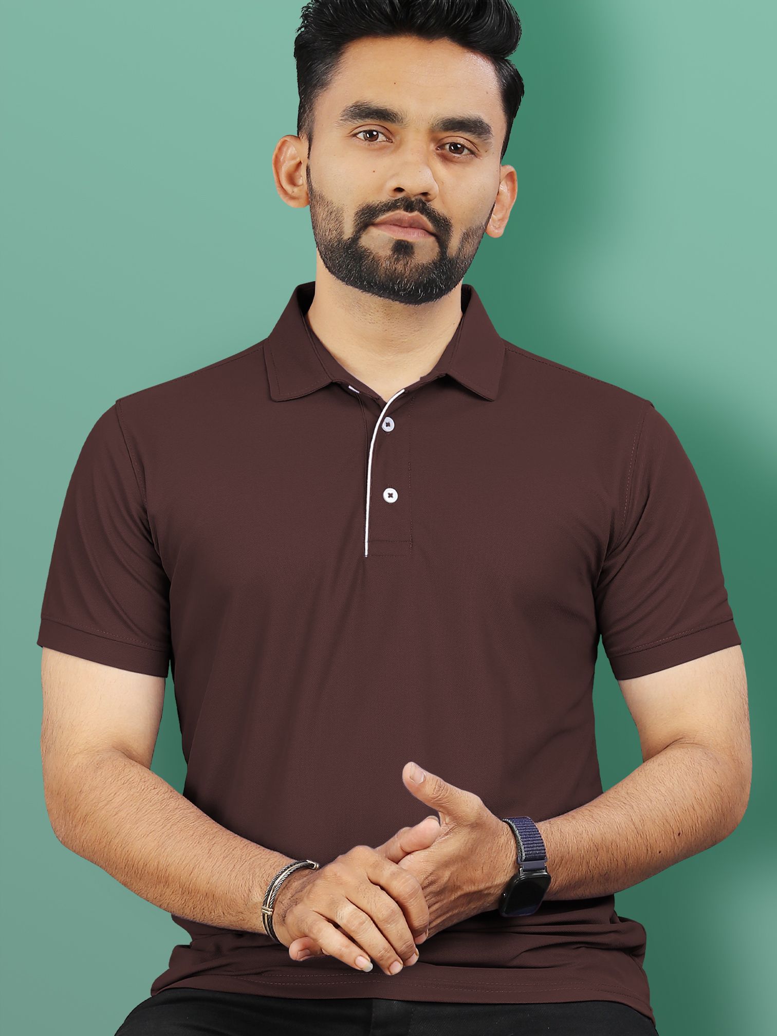 Men Solid Polo Neck Polyester Brown T-Shirt-image-4