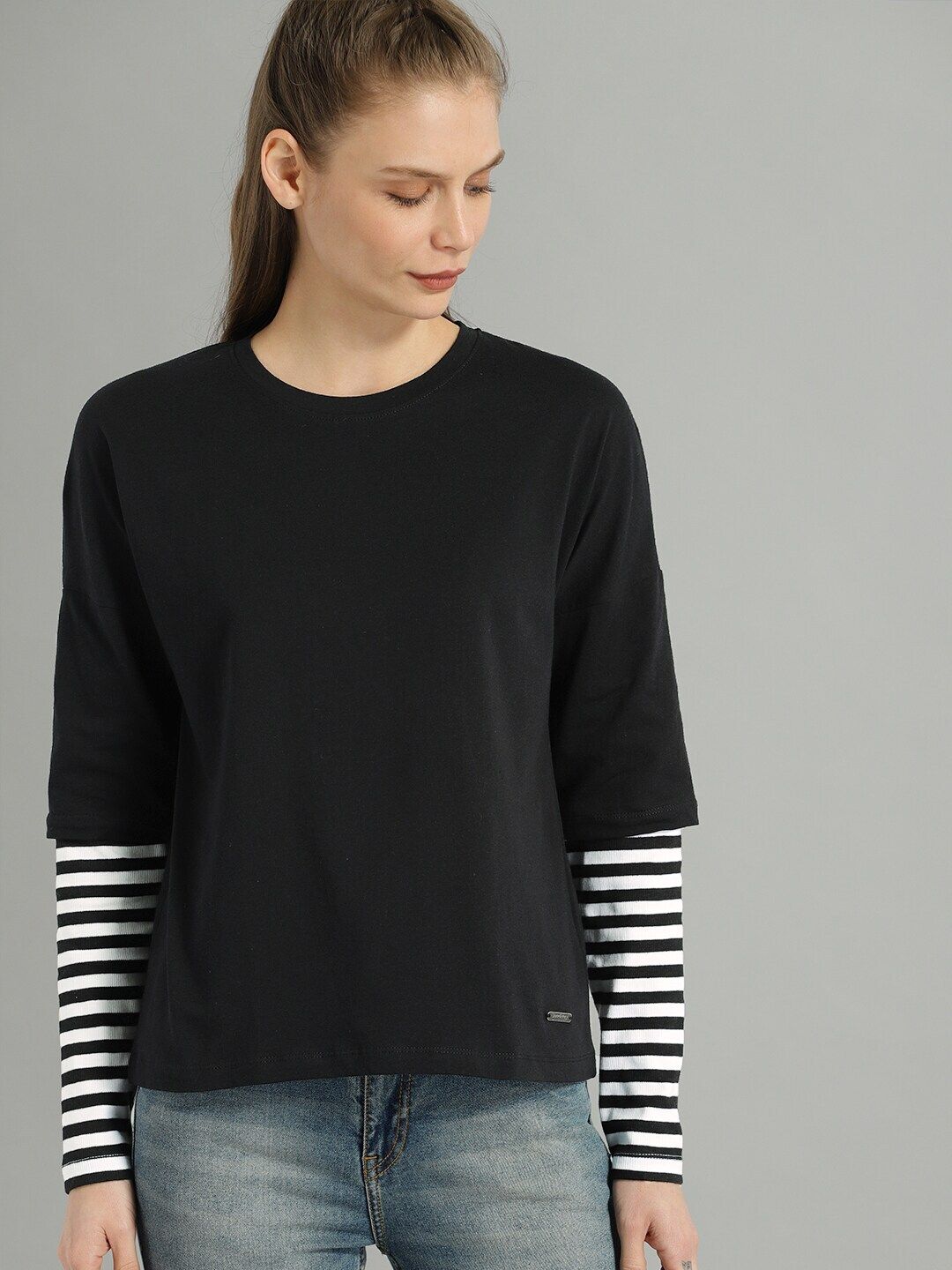 roadster Women Solid Round Neck Pure Cotton Black T-Shirt-picture-23