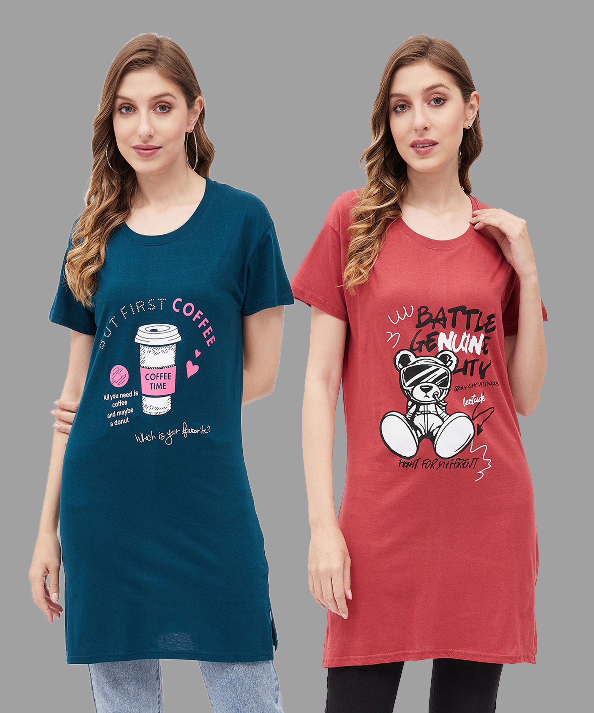 christy world Pack of 2 Women Printed Round Neck Pure Cotton Navy Blue, Red T-Shirt-picture-16