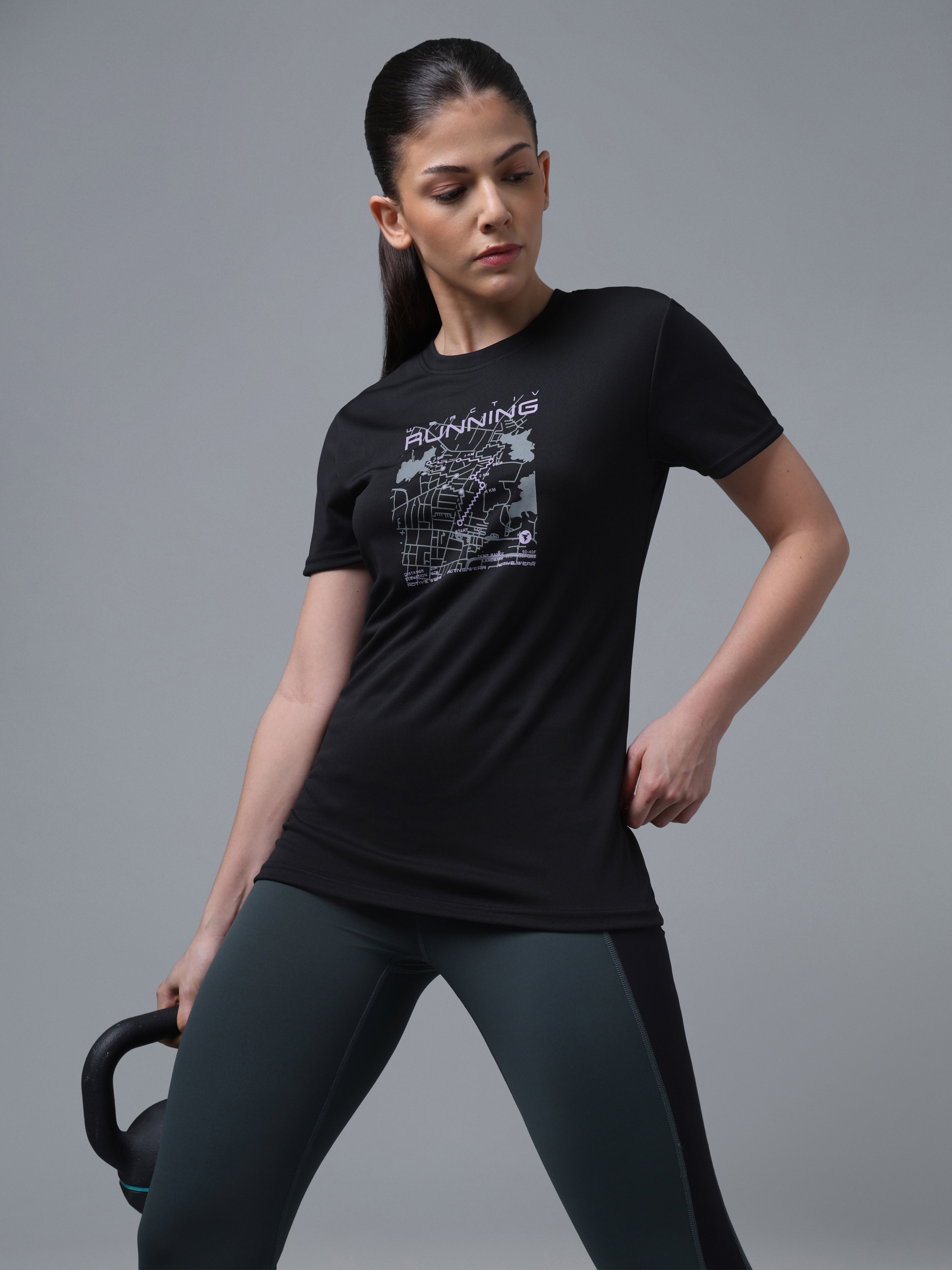 technosport Women Printed Round Neck Polyester Black T-Shirt-picture-29