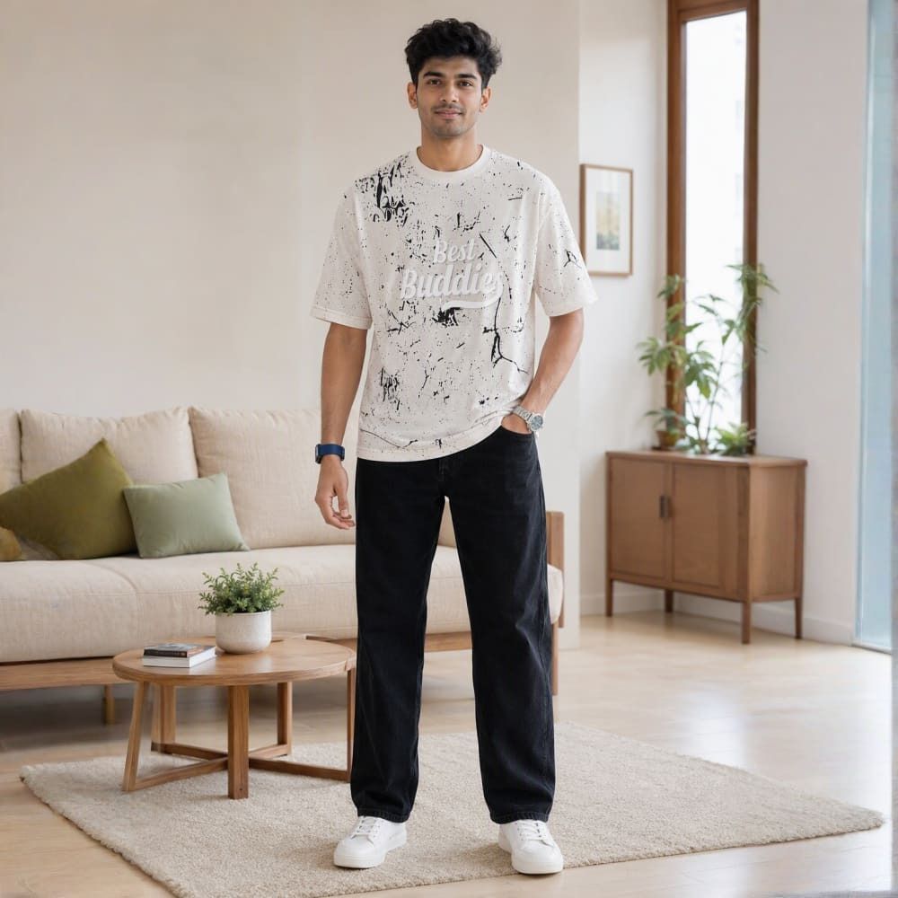 Men Cartoon, Embroidered, Graphic Print, Printed, Typography Round Neck Cotton Blend White, Black T-Shirt-image-5