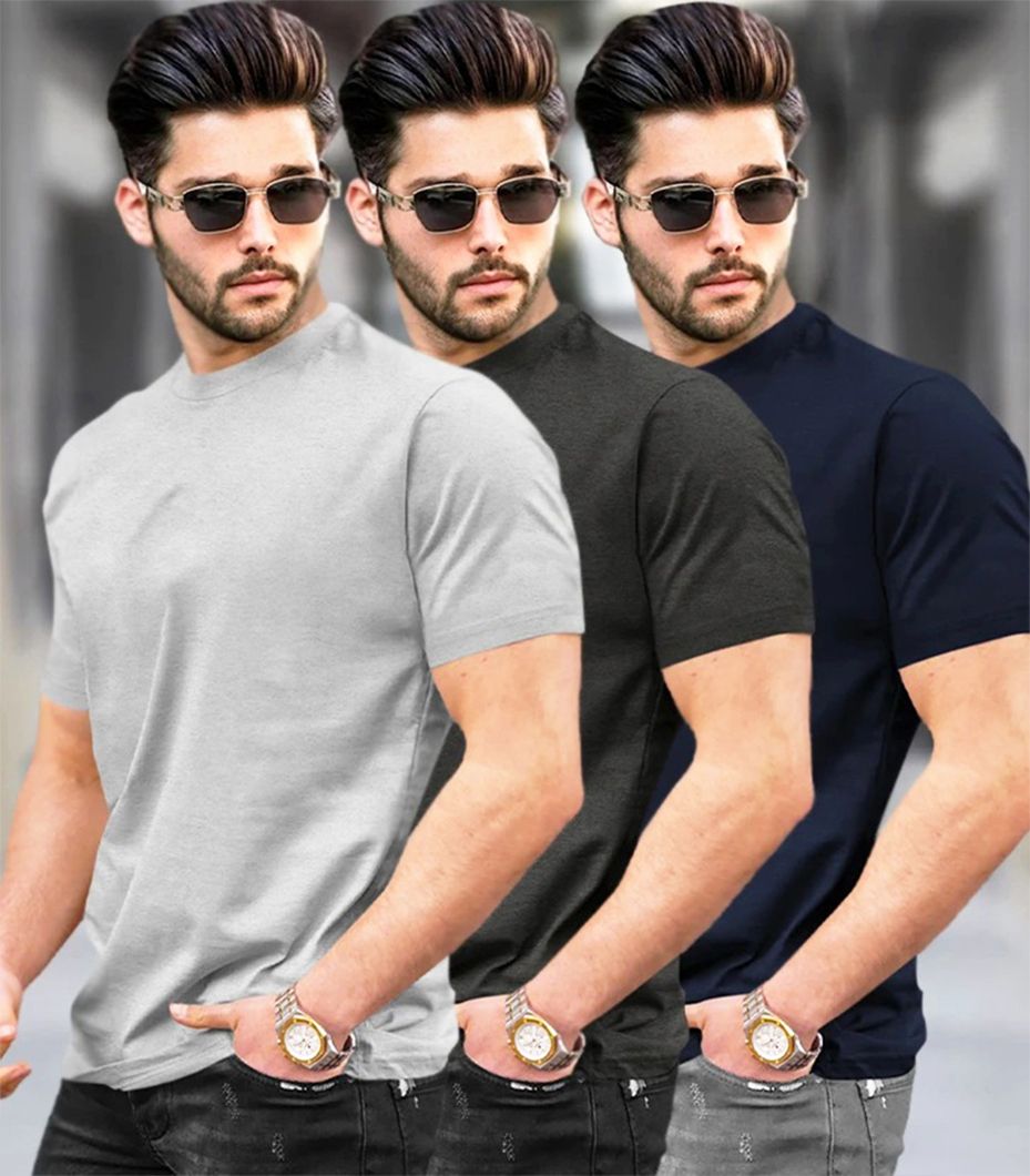 tripr Pack of 3 Men Solid Round Neck Cotton Blend Grey, Black, Navy Blue T-Shirt-picture-28