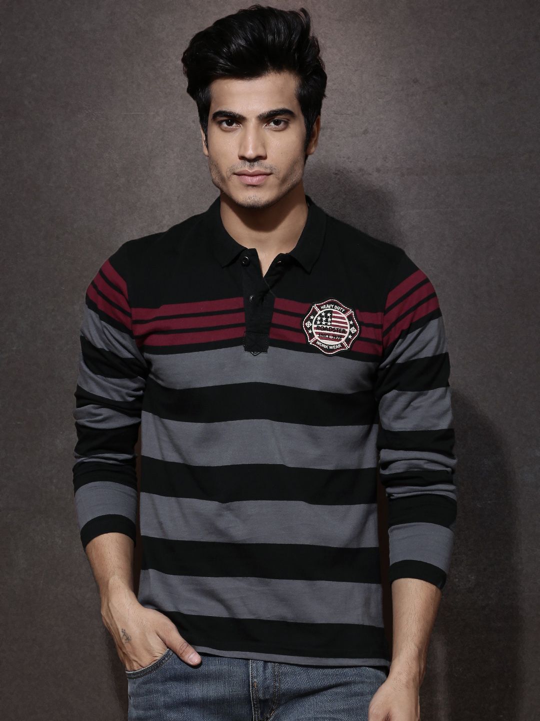roadster Men Striped Polo Neck Pure Cotton Grey T-Shirt-picture-18