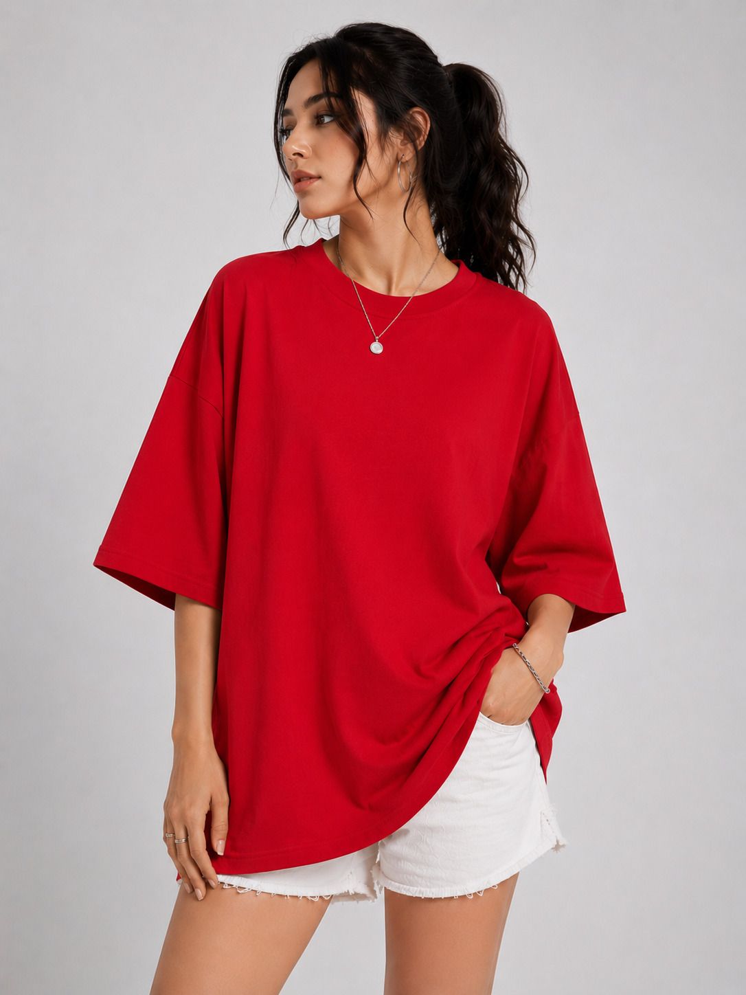 shadueblo Women Solid Round Neck Cotton Blend Red T-Shirt-picture-20