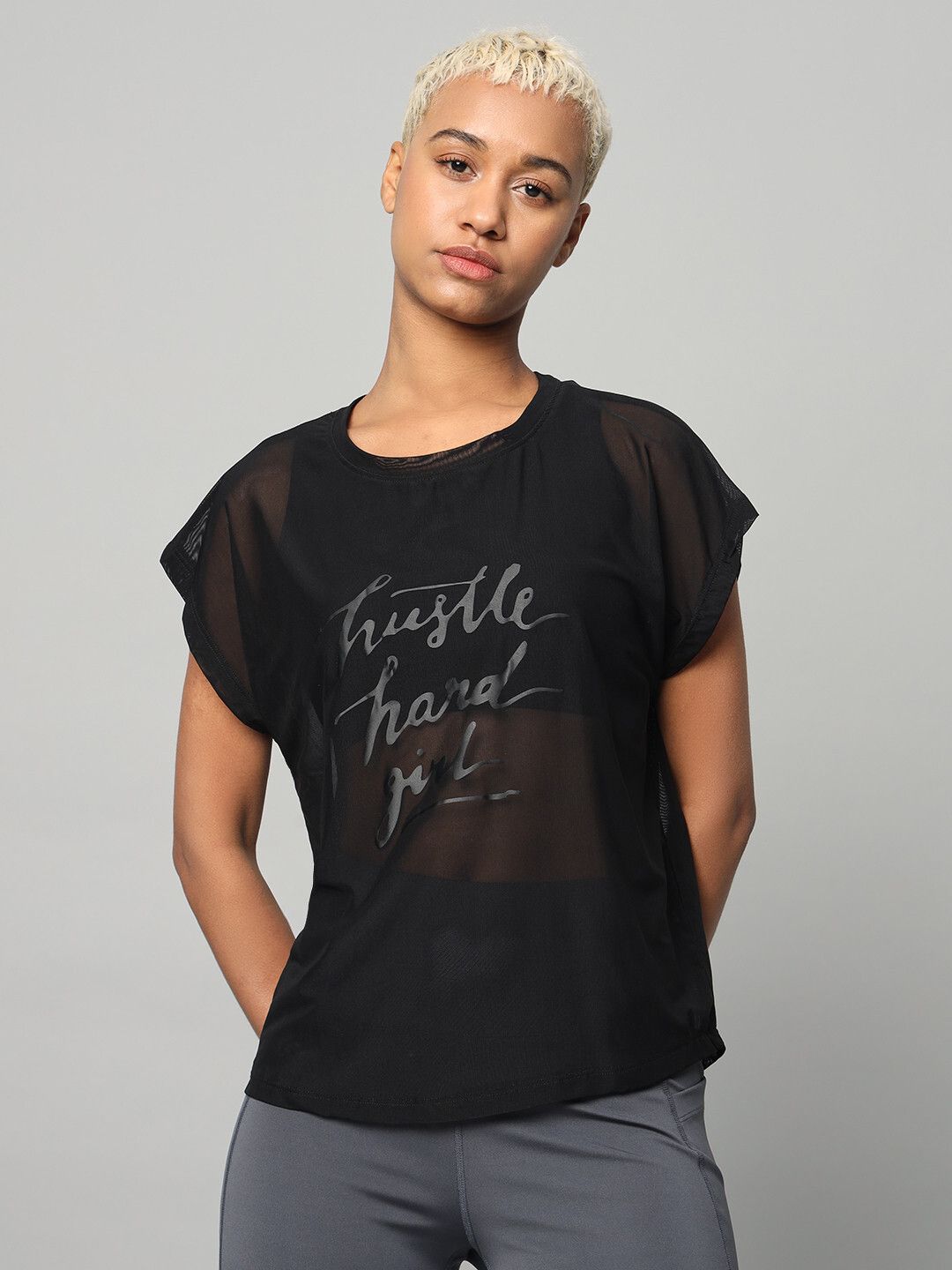 Women Typography Round Neck Nylon Black T-Shirt-image-33
