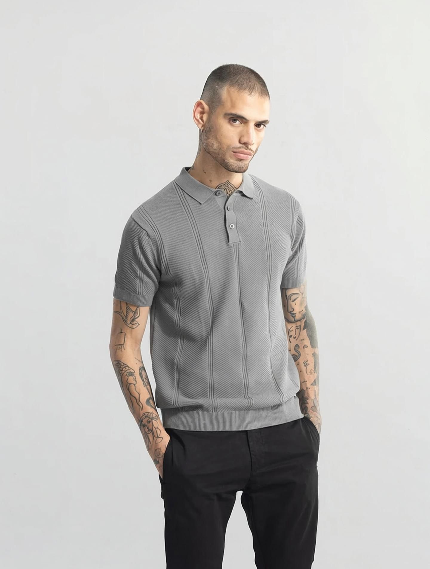 snitch Men Self Design Polo Neck Cotton Blend Grey T-Shirt-picture-20