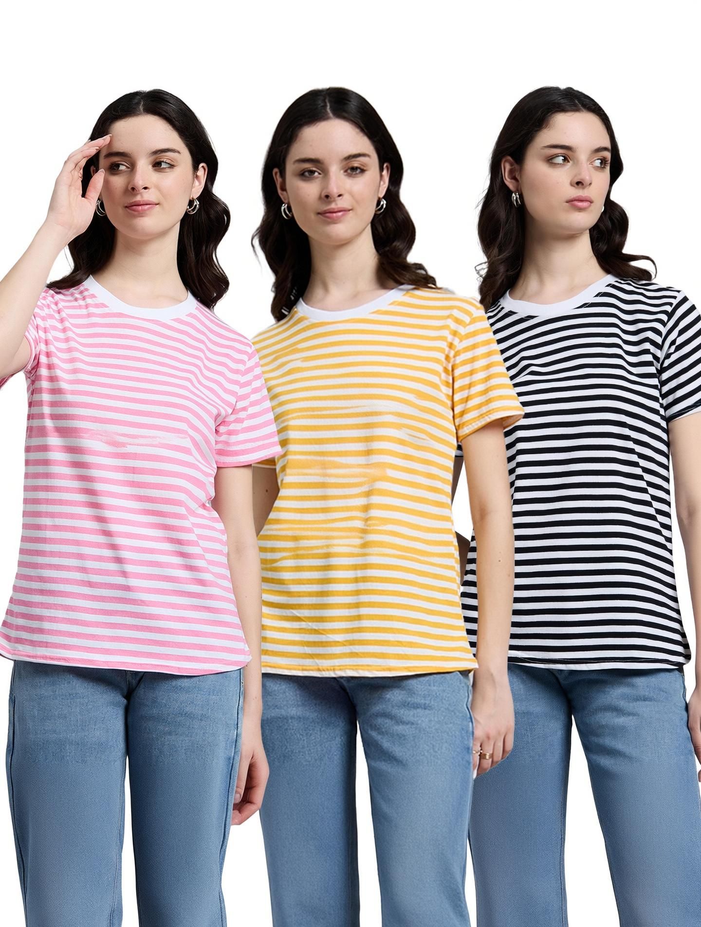 Pack of 3 Women Striped Round Neck Cotton Blend Black, Pink, Yellow T-Shirt-image-32