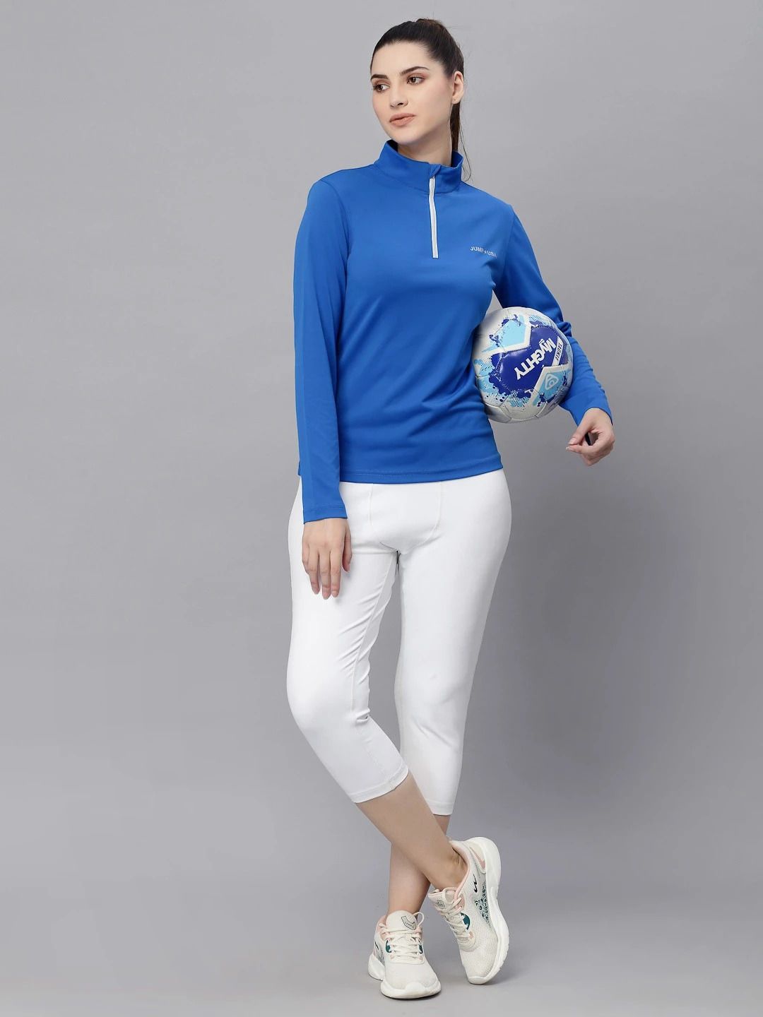 jump usa Women Solid High Neck Polyester Blue T-Shirt-picture-19