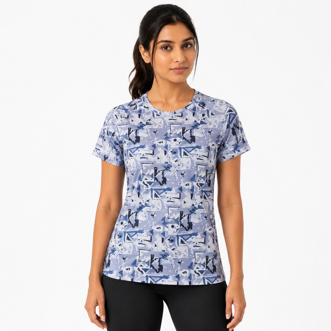 gloster Women Printed, Abstract Round Neck Polyester Light Blue T-Shirt-picture-2