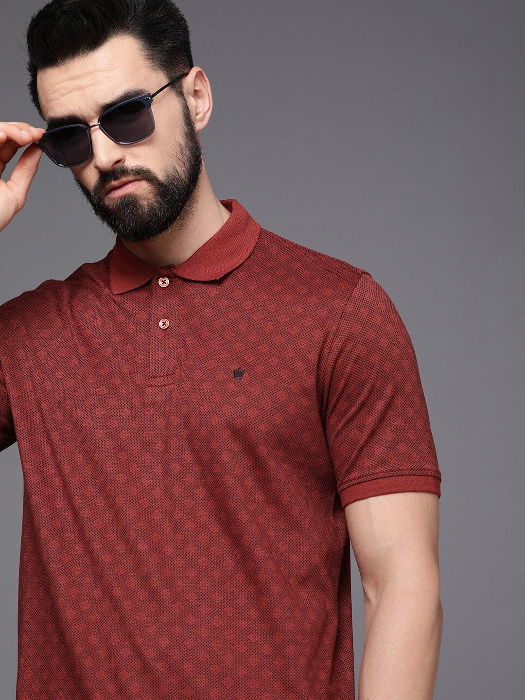 louis philippe Men Printed Polo Neck Pure Cotton Maroon T-Shirt-picture-13
