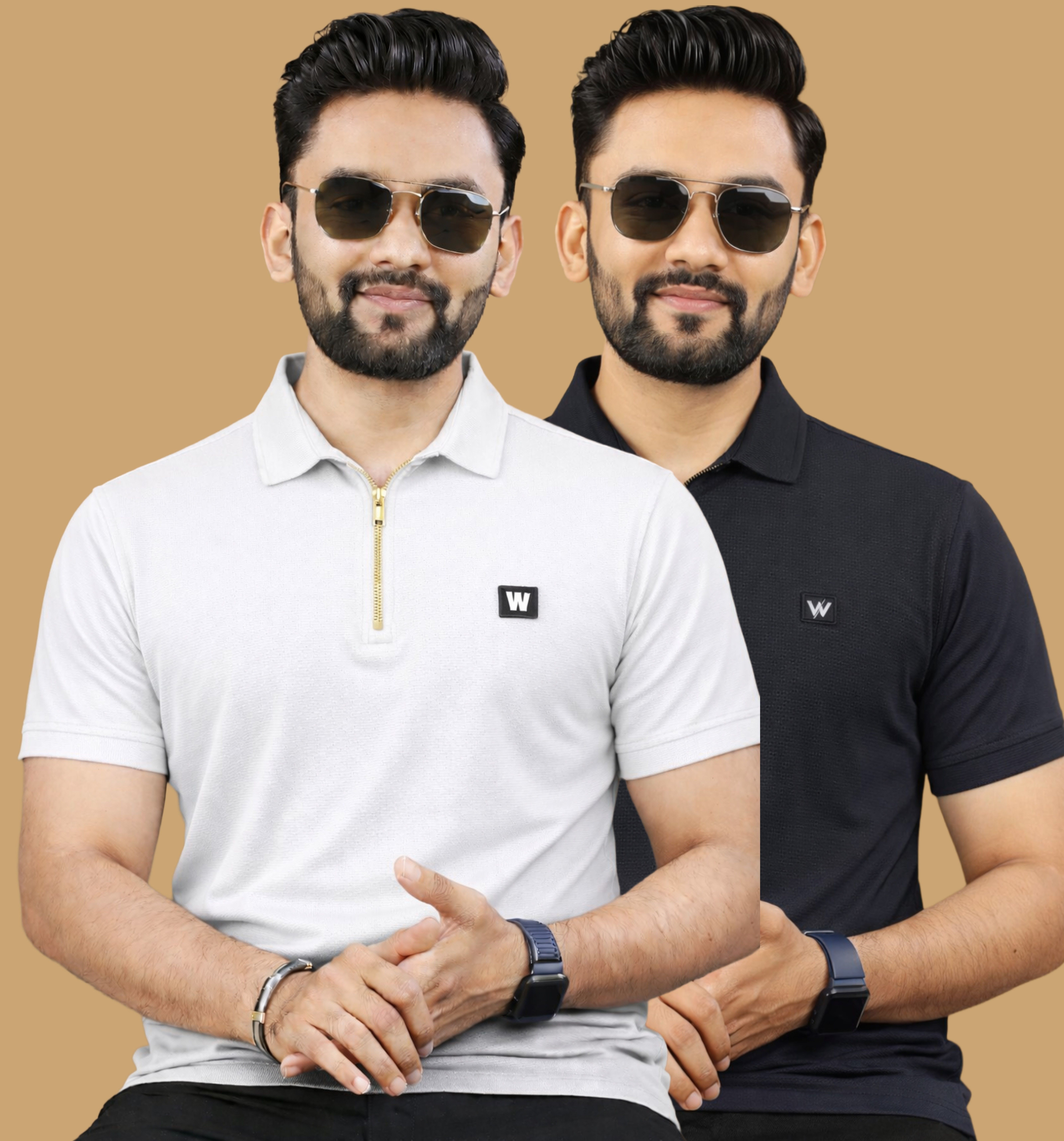 wereko Pack of 2 Men Self Design Zip Neck Polycotton Black, White T-Shirt-picture-11