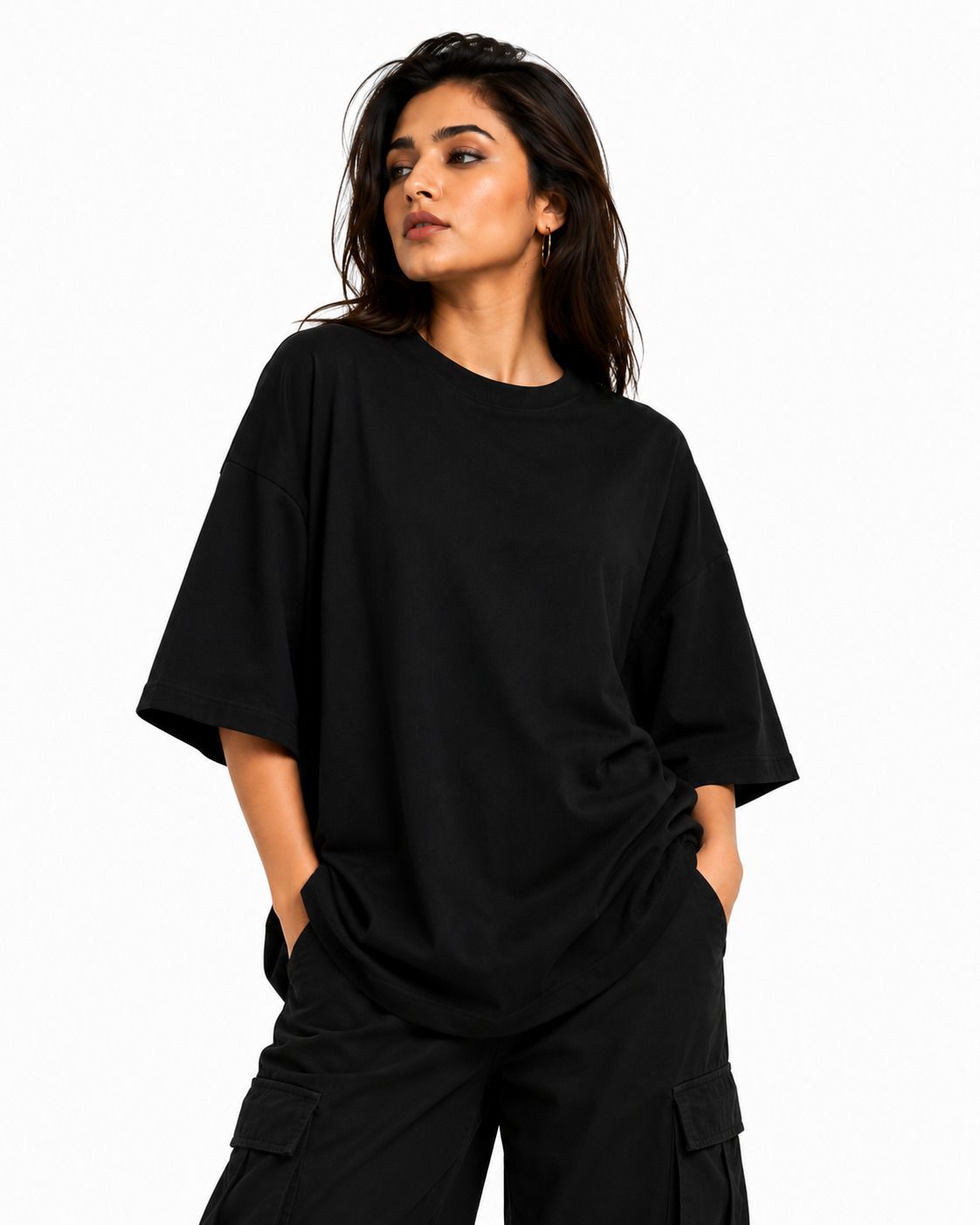 shadueblo Women Solid Round Neck Cotton Blend Black T-Shirt-picture-31