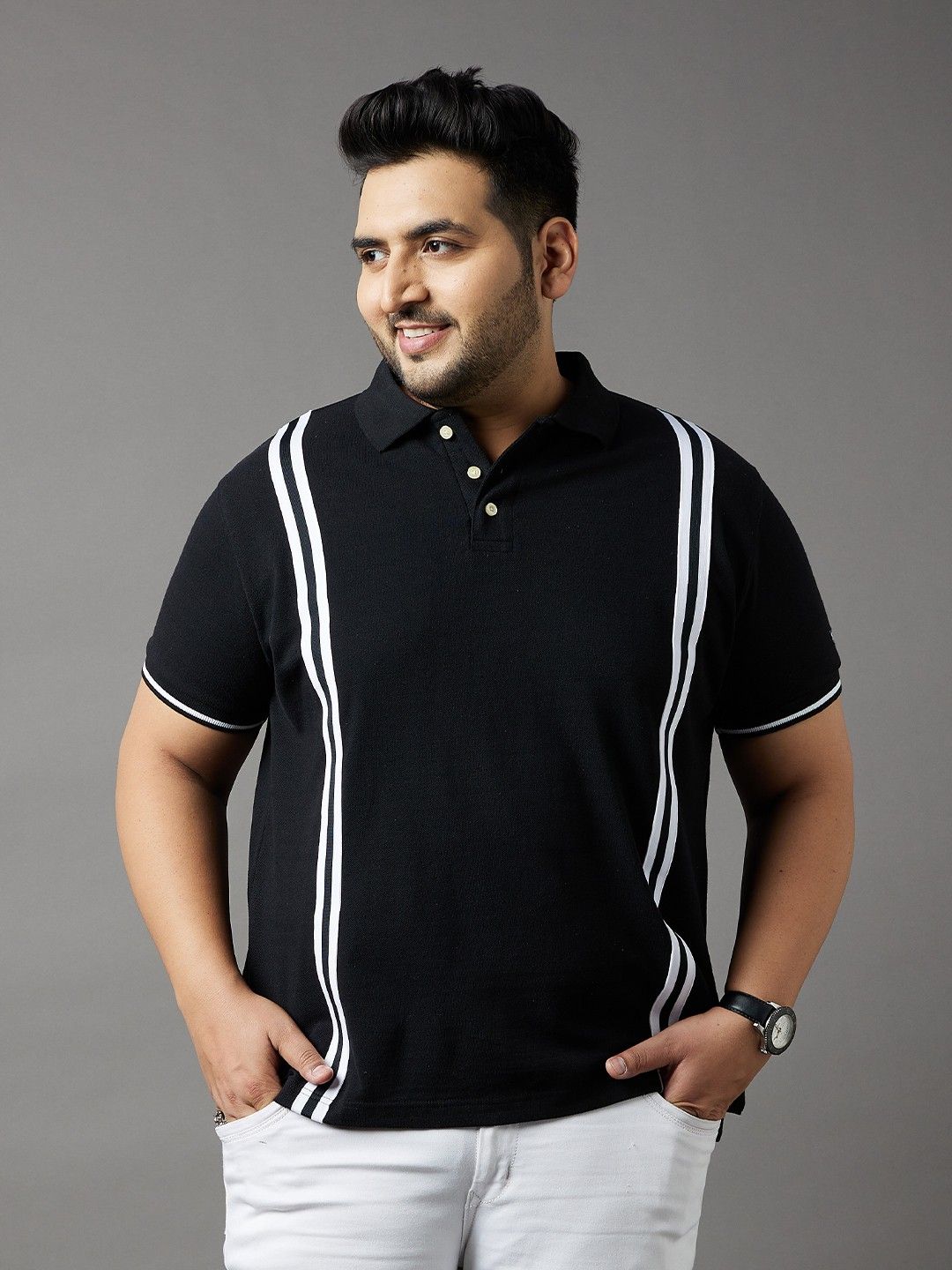 Men Striped Polo Neck Pure Cotton Black T-Shirt-image-2
