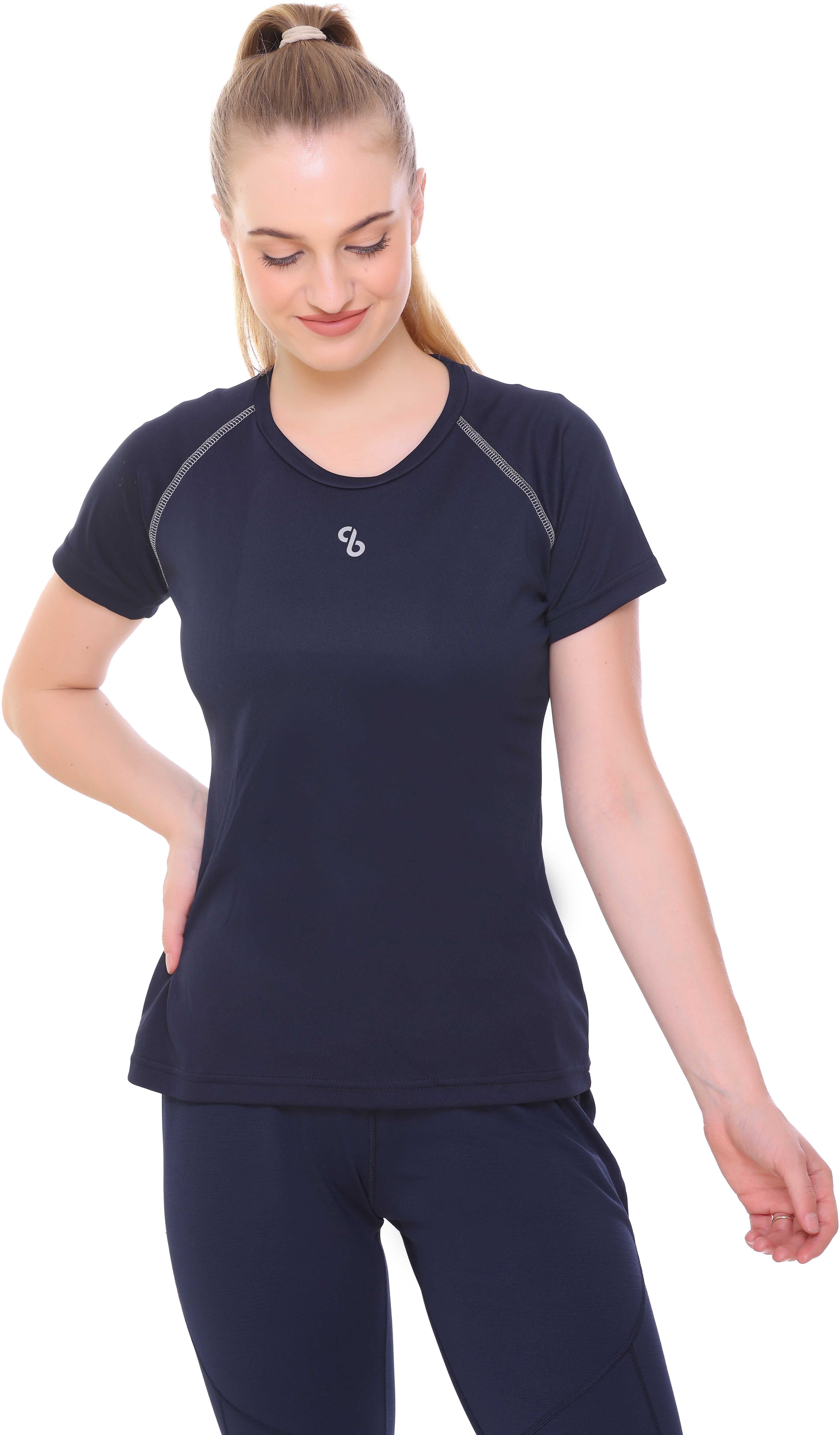 Women Solid Round Neck Polyester Navy Blue T-Shirt-image-36