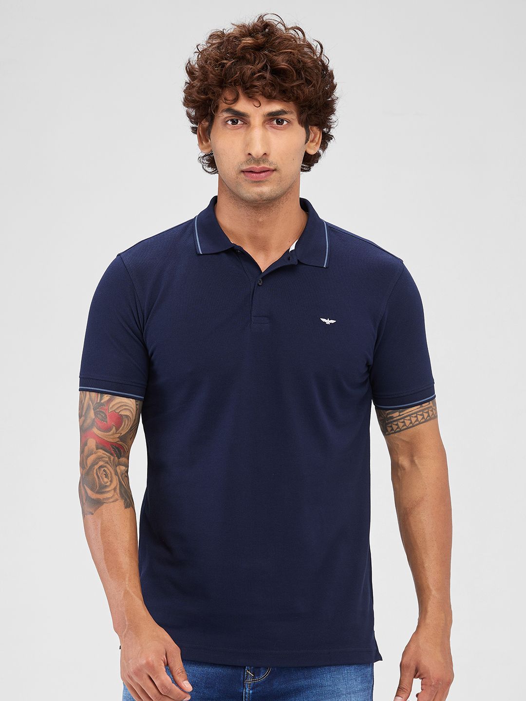 park avenue Men Solid Polo Neck Cotton Blend Dark Blue T-Shirt-picture-12
