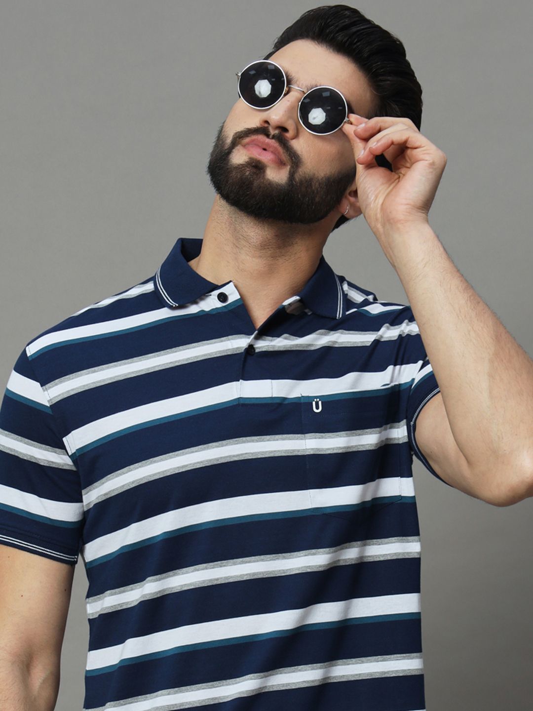 unniberry Men Striped Polo Neck Cotton Blend Dark Blue T-Shirt-picture-12
