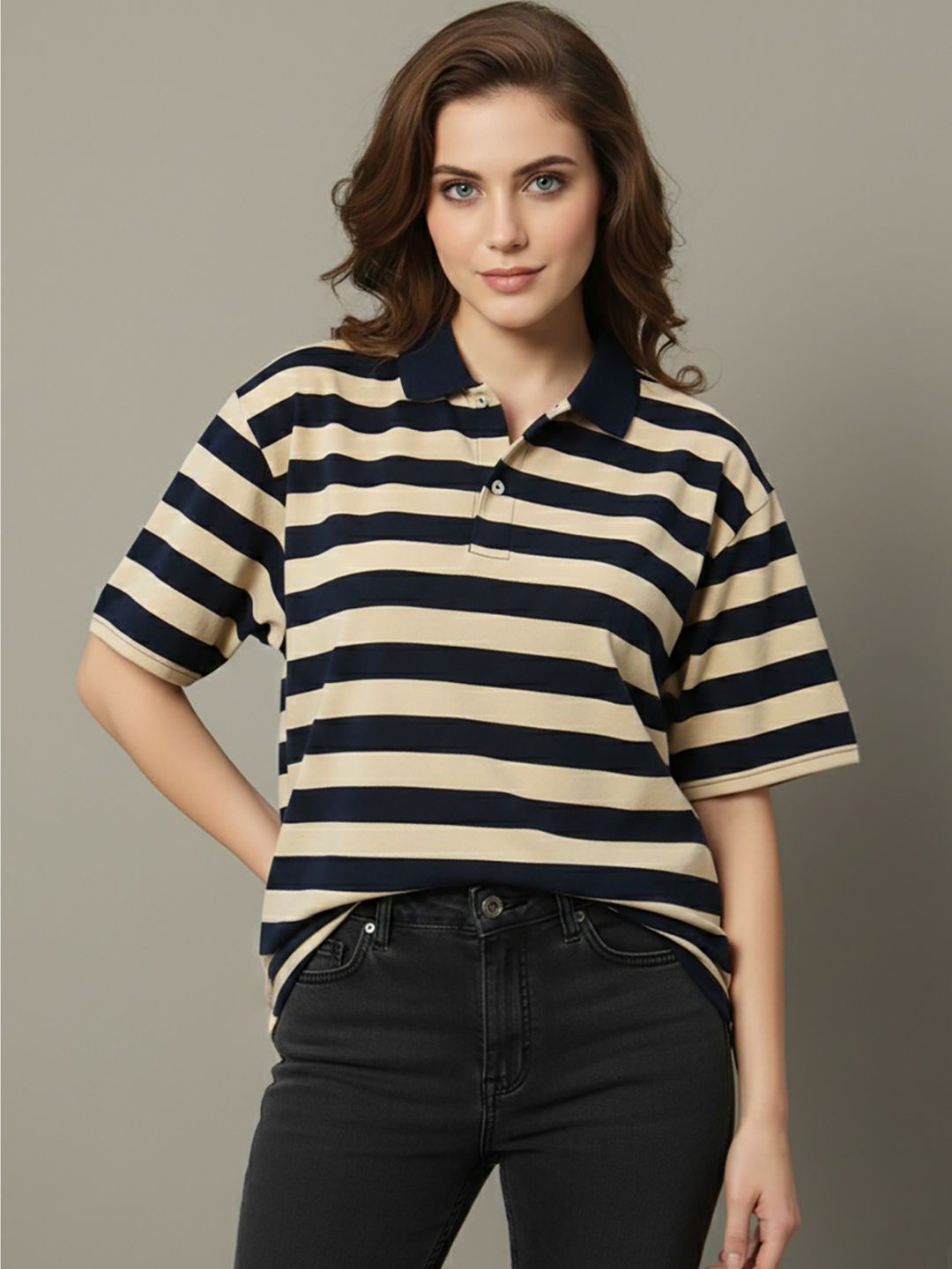 Women Striped Polo Neck Cotton Blend Navy Blue T-Shirt-image-4