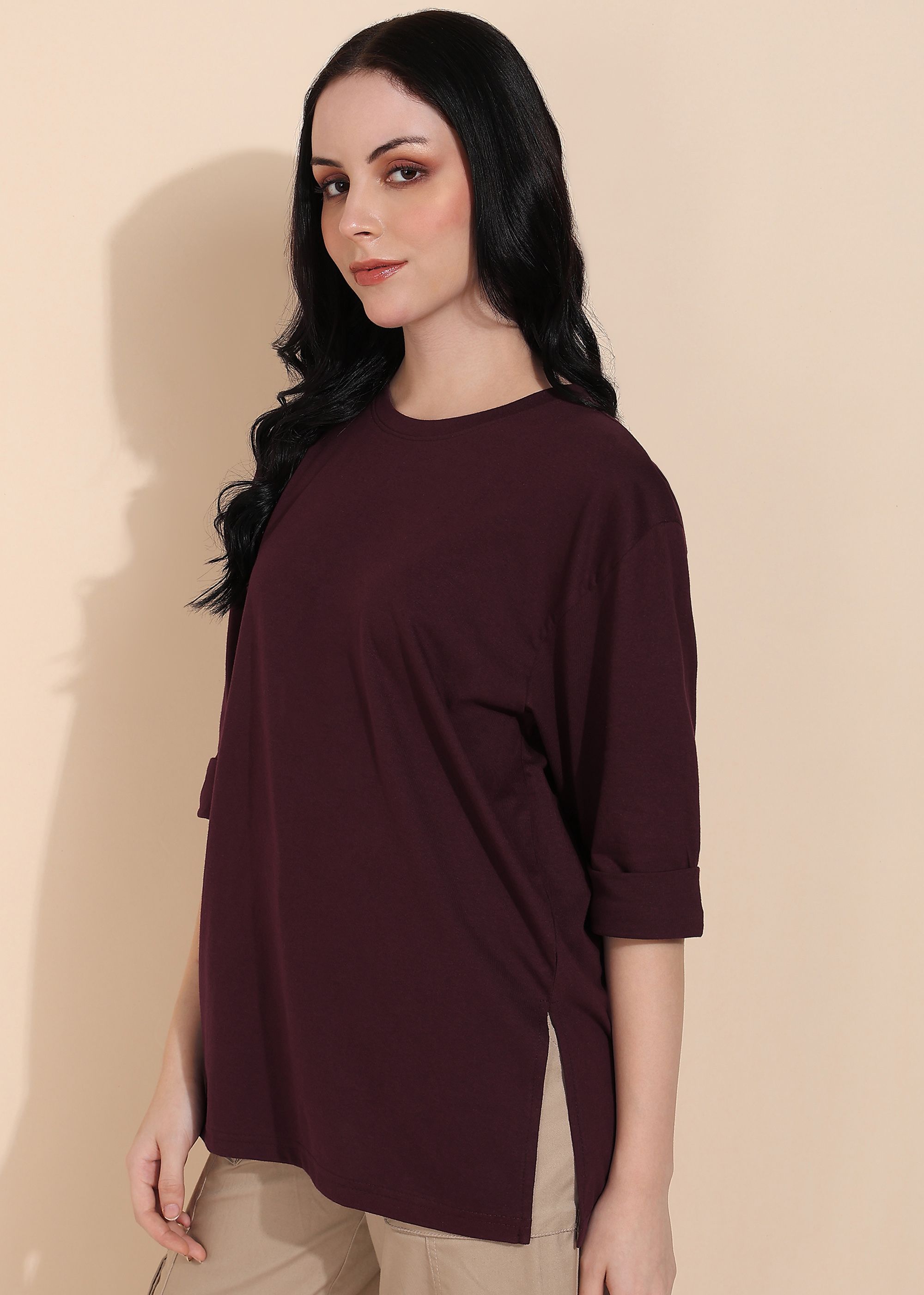 Women Solid Round Neck Cotton Blend Maroon T-Shirt-image-49