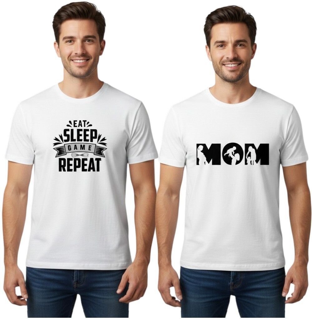 vkv fshion Pack of 2 Men Graphic Print Round Neck Cotton Blend White T-Shirt-picture-28