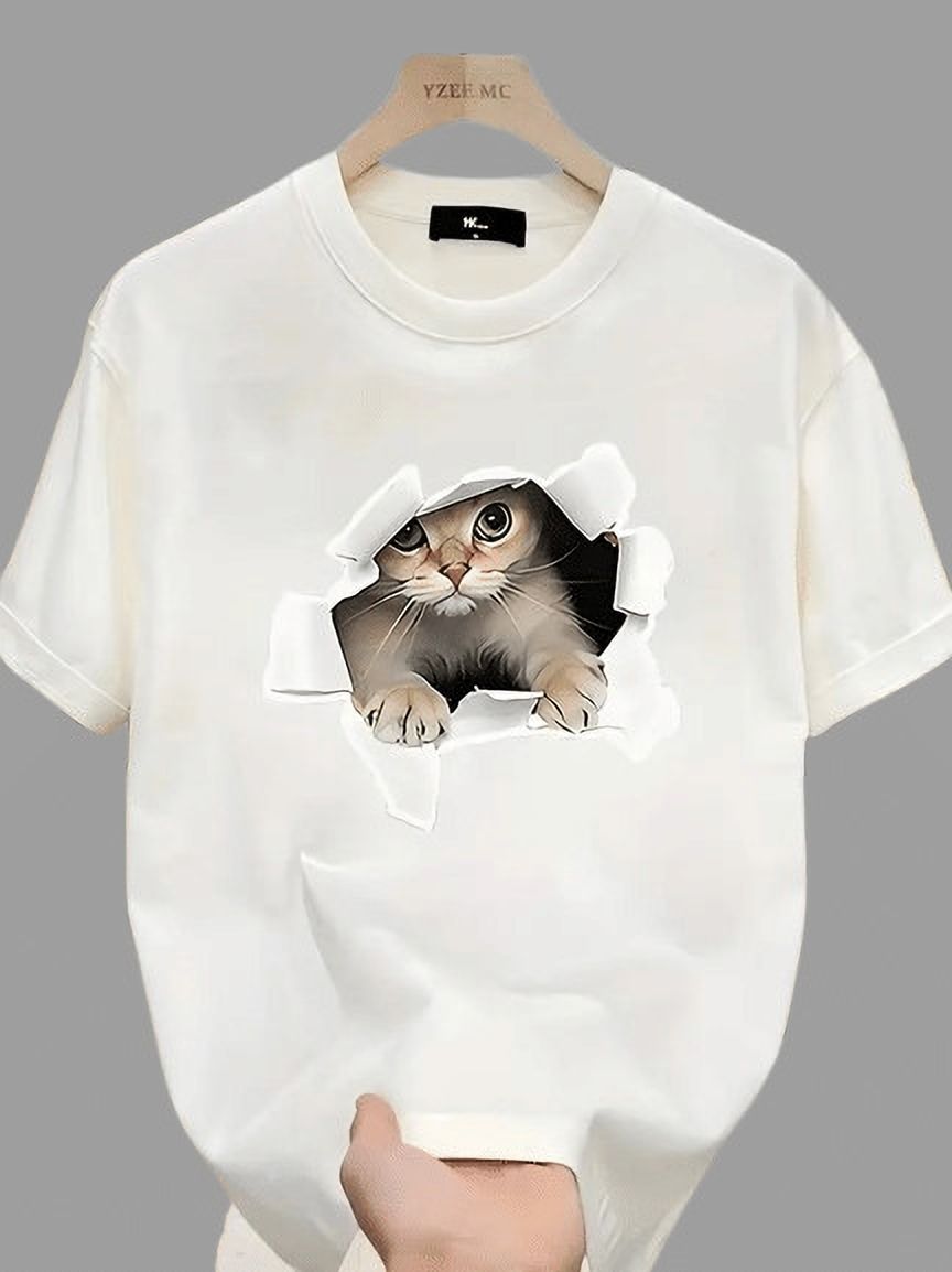 Women Graphic Print Round Neck Cotton Blend White T-Shirt