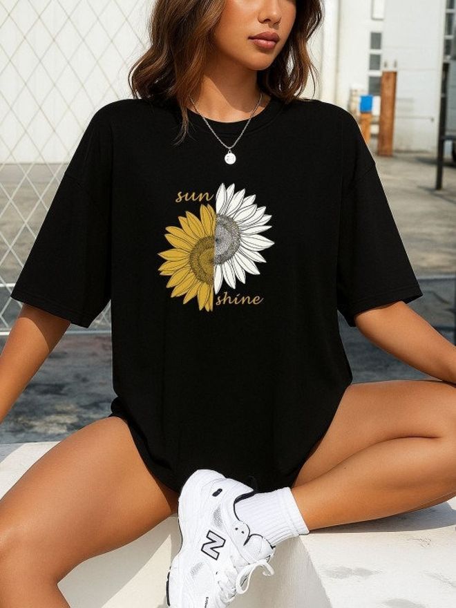 calm down Women Graphic Print Round Neck Cotton Blend Black T-Shirt-picture-24
