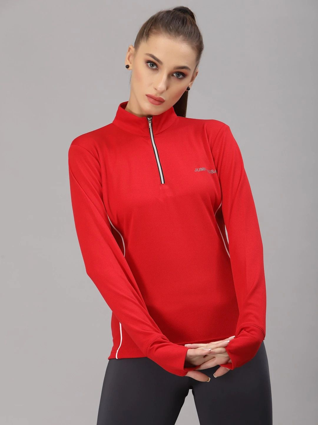 jump usa Women Solid High Neck Polyester Red T-Shirt-picture-14