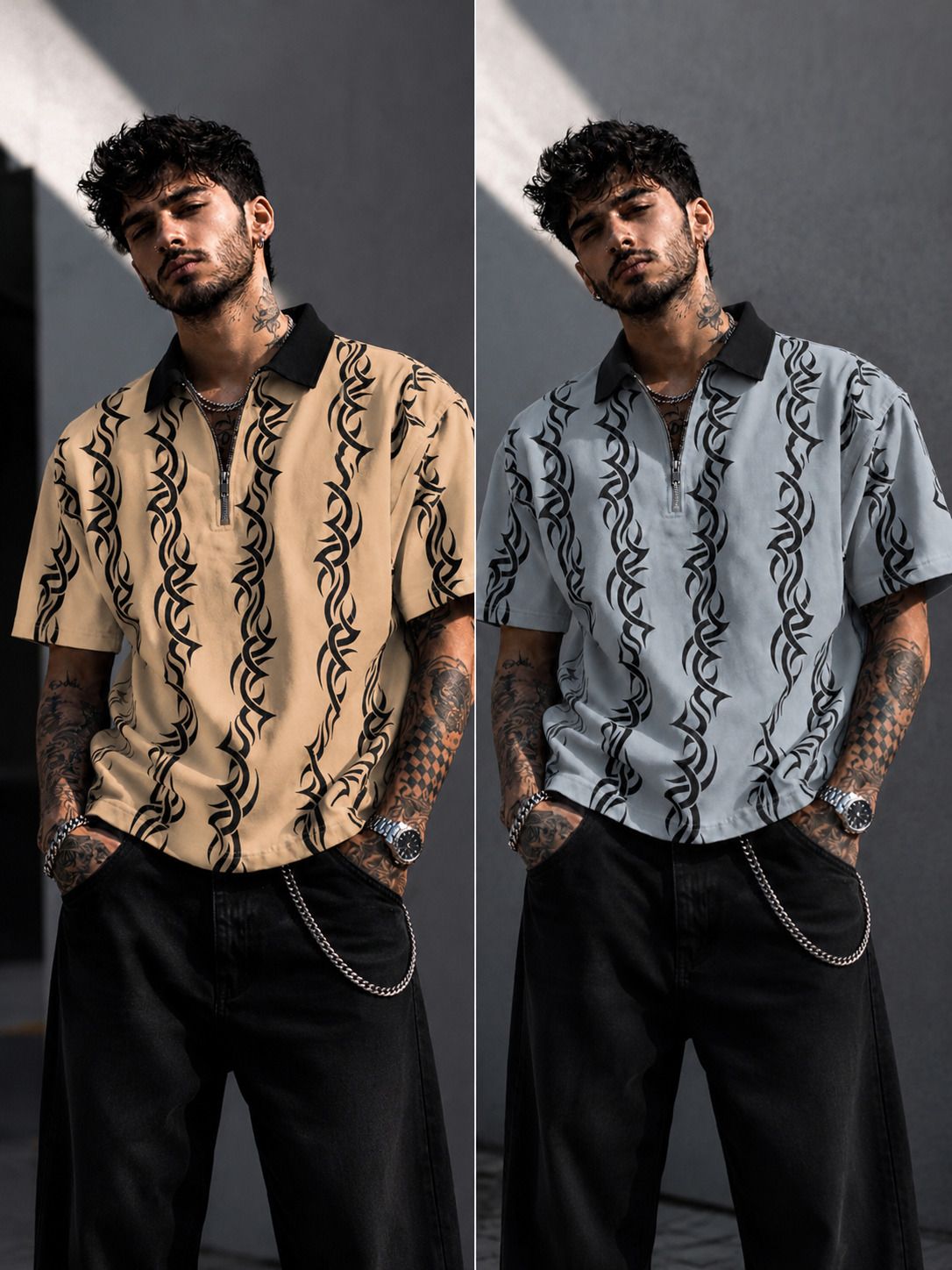 nb nicky boy Pack of 2 Men Printed Polo Neck Cotton Blend Beige, Grey T-Shirt-picture-27