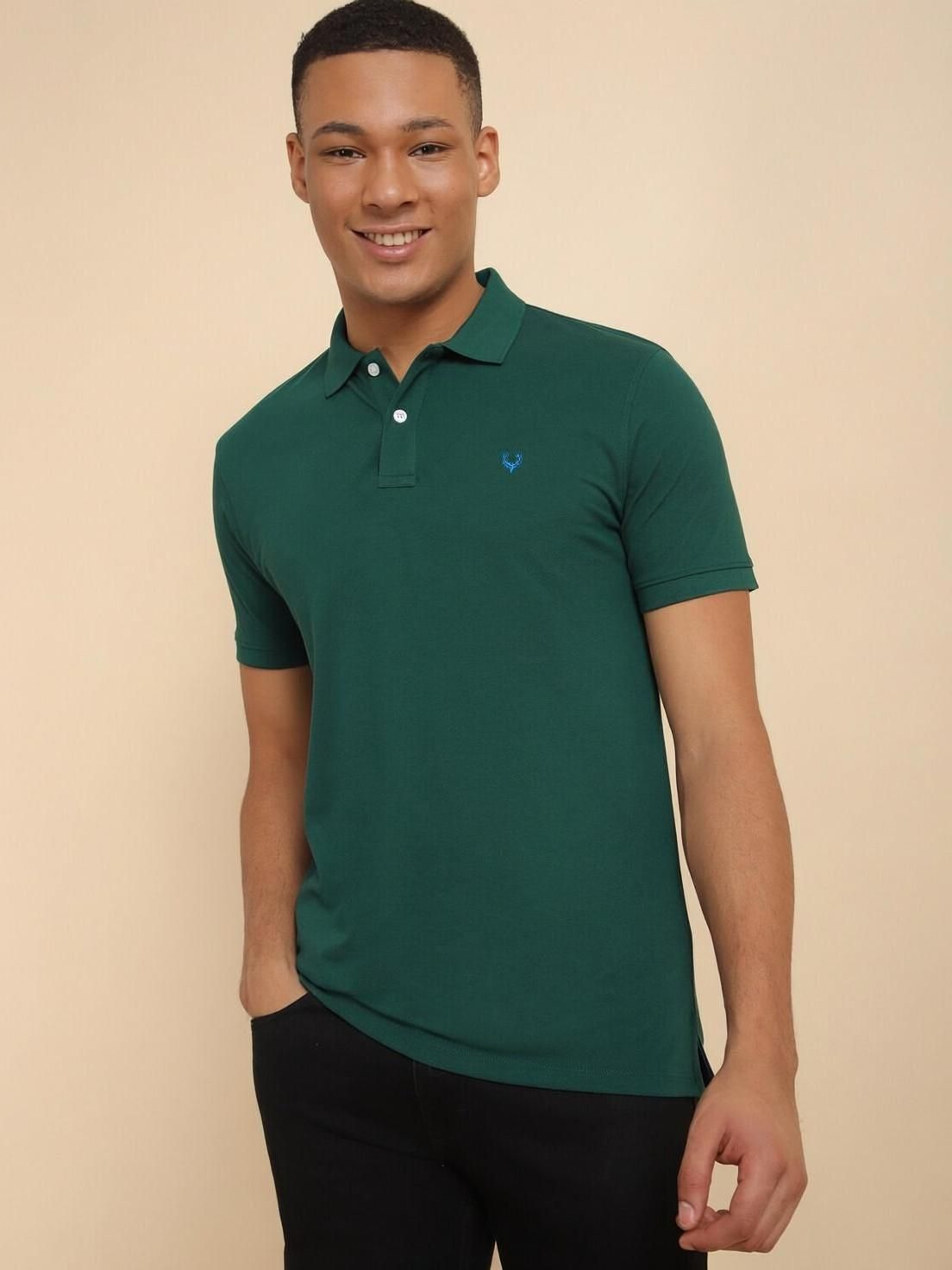 allen solly Men Solid Polo Neck Cotton Blend Green T-Shirt-picture-10