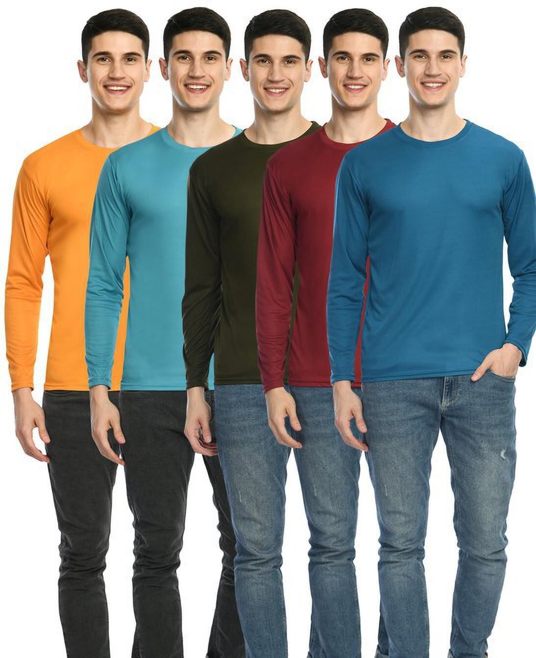 Pack of 5 Men Solid Round Neck Polyester Multicolor T-Shirt