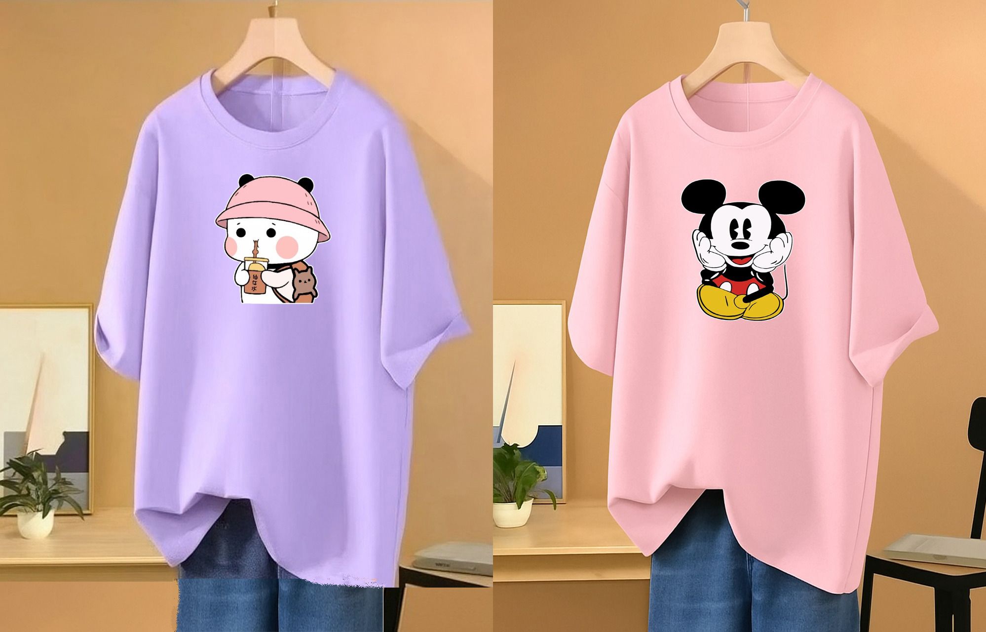 Pack of 2 Women Printed Round Neck Cotton Blend Purple, Pink T-Shirt-image-44
