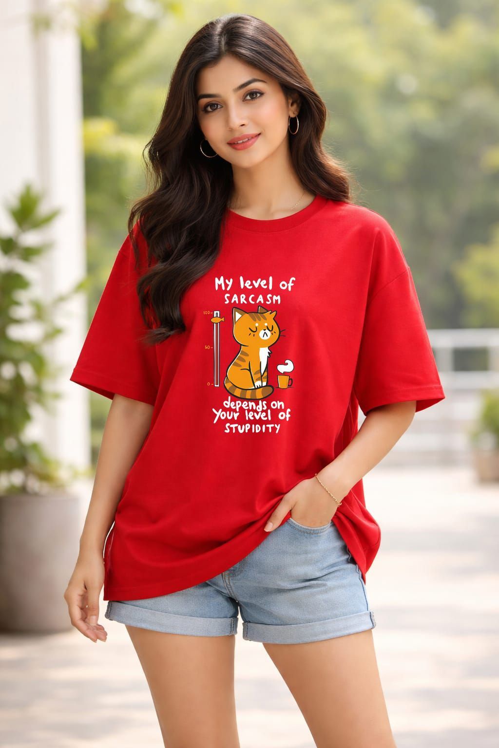 stem rope Women Printed Round Neck Cotton Blend Red T-Shirt-picture-11