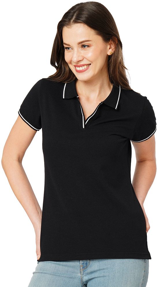 wear your opinion Women Solid Polo Neck Cotton Blend Black T-Shirt-picture-12