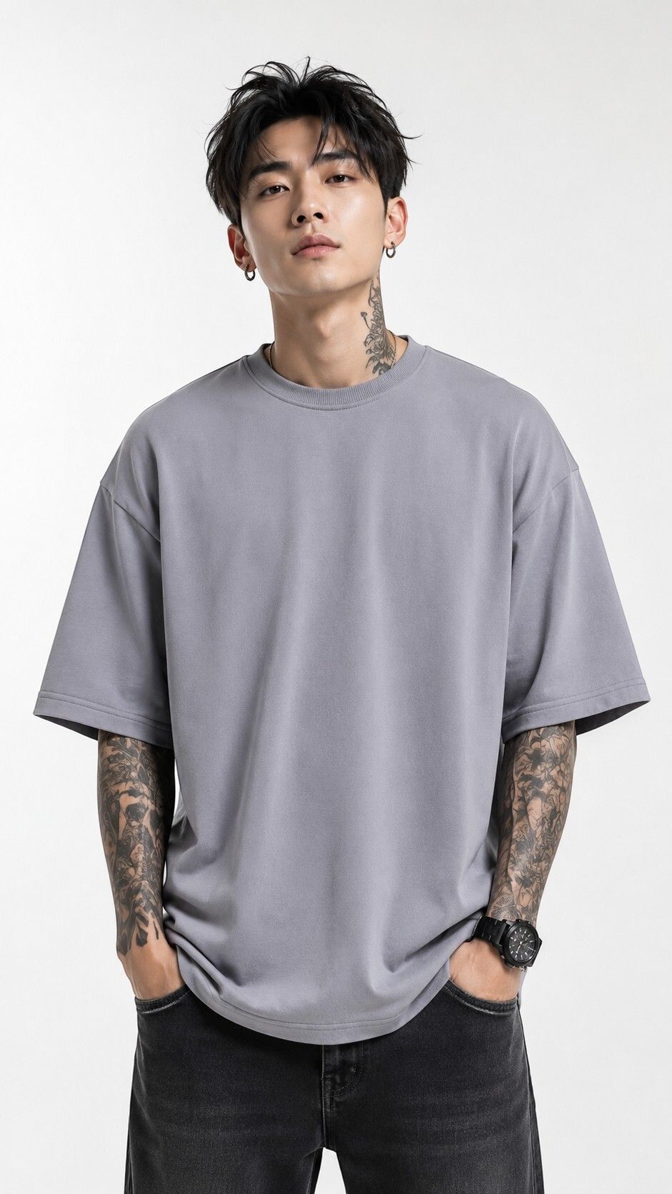 Men Solid Round Neck Pure Cotton Grey T-Shirt-image-14
