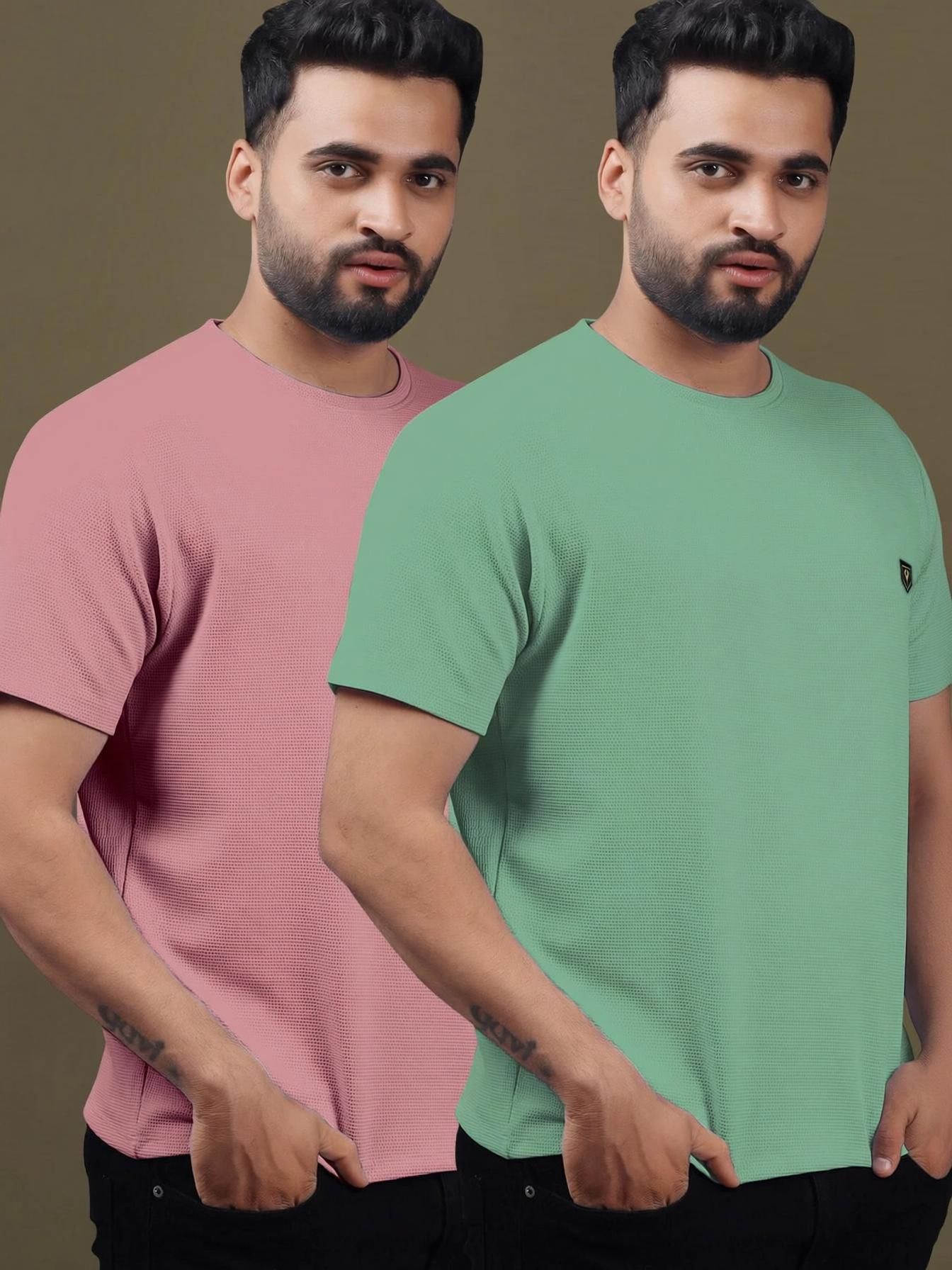 Pack of 2 Men Solid Round Neck Polycotton Pink, Light Green T-Shirt-image-6