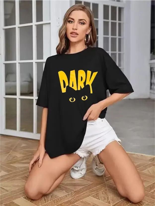 Women Typography Round Neck Cotton Blend Black T-Shirt-image-28
