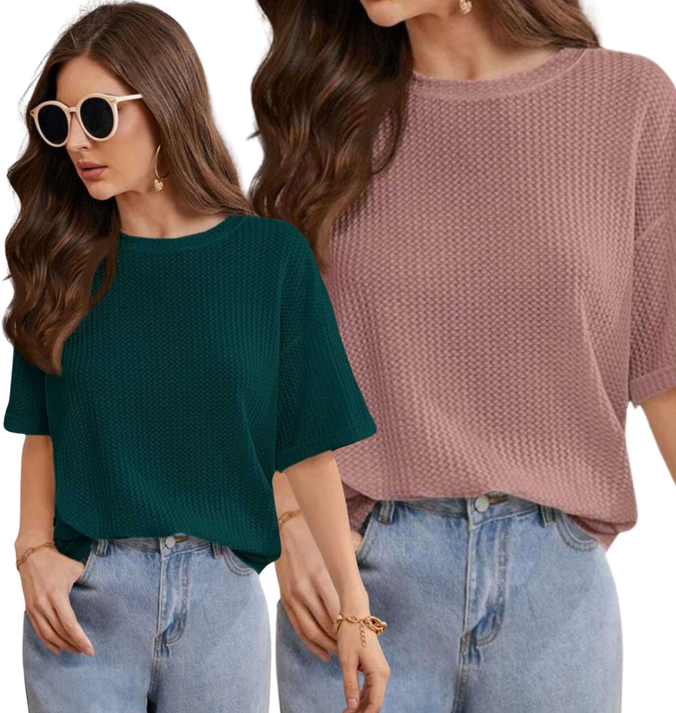 way to trendy Pack of 2 Women Solid Round Neck Cotton Blend Pink T-Shirt-picture-12