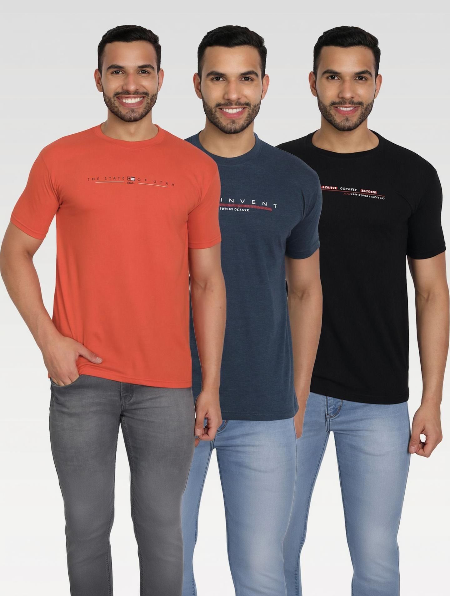 zeffit Pack of 3 Men Printed Round Neck Cotton Blend Black, Blue, Brown T-Shirt-picture-19