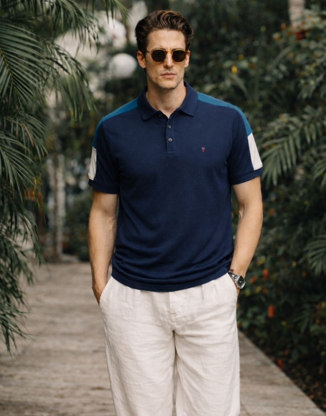 Men Colorblock Polo Neck Pure Cotton Blue T-Shirt-image-34