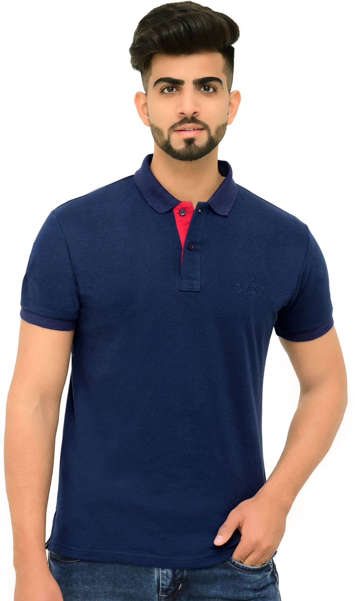 3bros Men Solid Polo Neck Cotton Blend (220 gsm) Navy Blue T-Shirt-picture-24