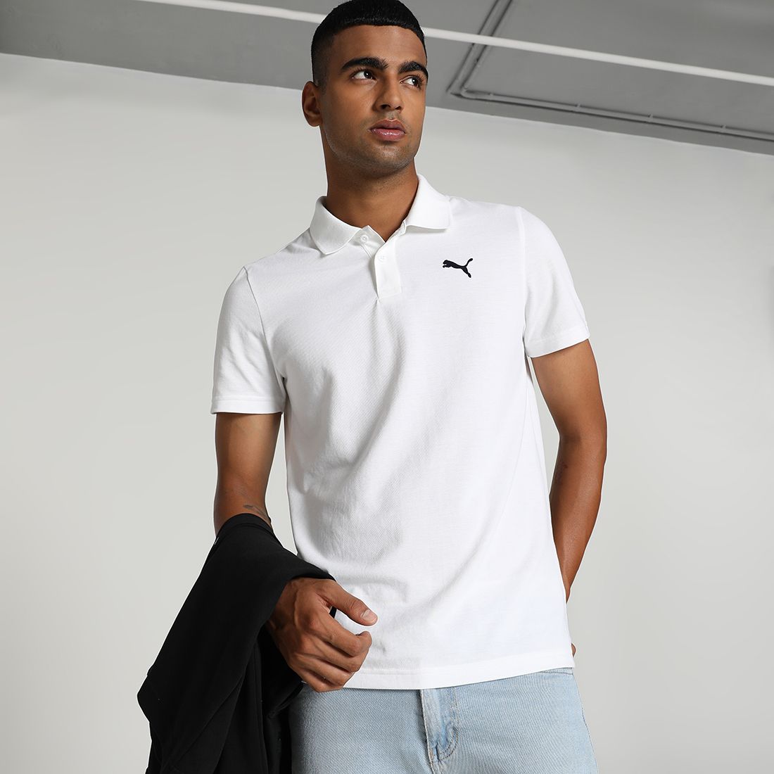 puma Men Solid Polo Neck Pure Cotton White T-Shirt-picture-12